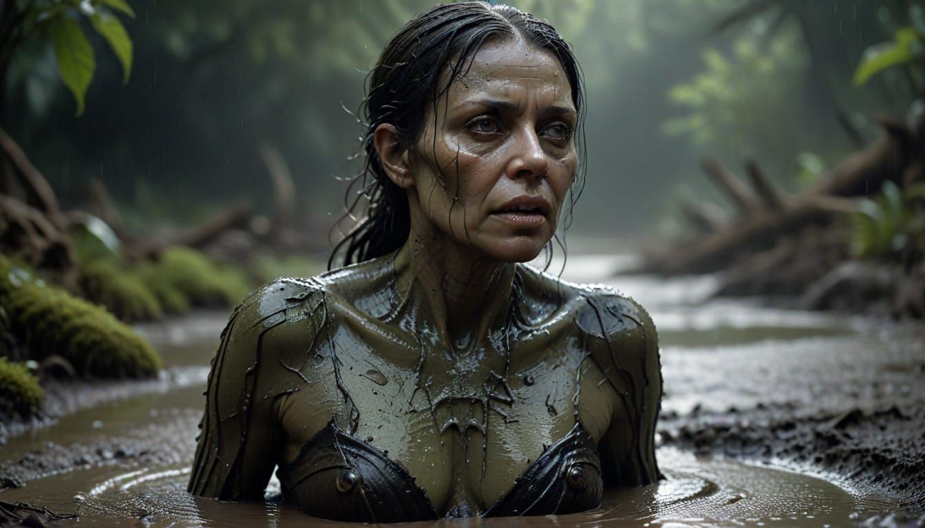 Surreal Woman Wades Through Thick, Slime-Covered Mud in a Da...