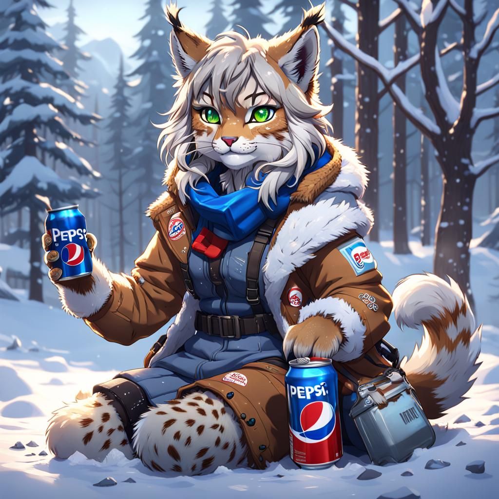 Anime Lynx Girl Drinking Pepsi in the Snow