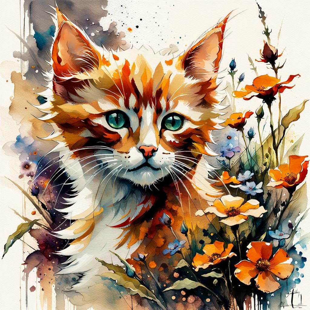 Cute Ginger Kitten Digital Watercolor Illustration