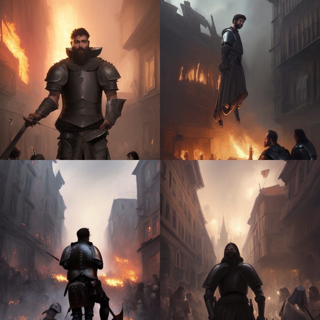 Knight Rescues Girl in Burning City, Dark Fantasy Art