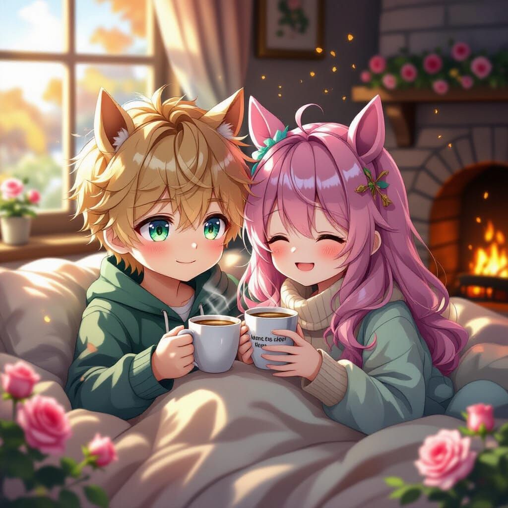 Cute Anime Couple's Cozy Autumn Morning Selfie