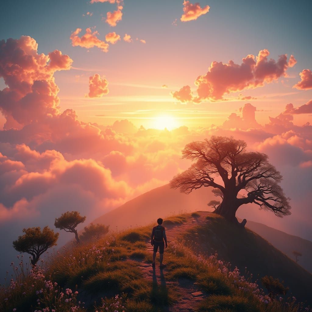 Ethereal Dawn Landscape with Adventurer