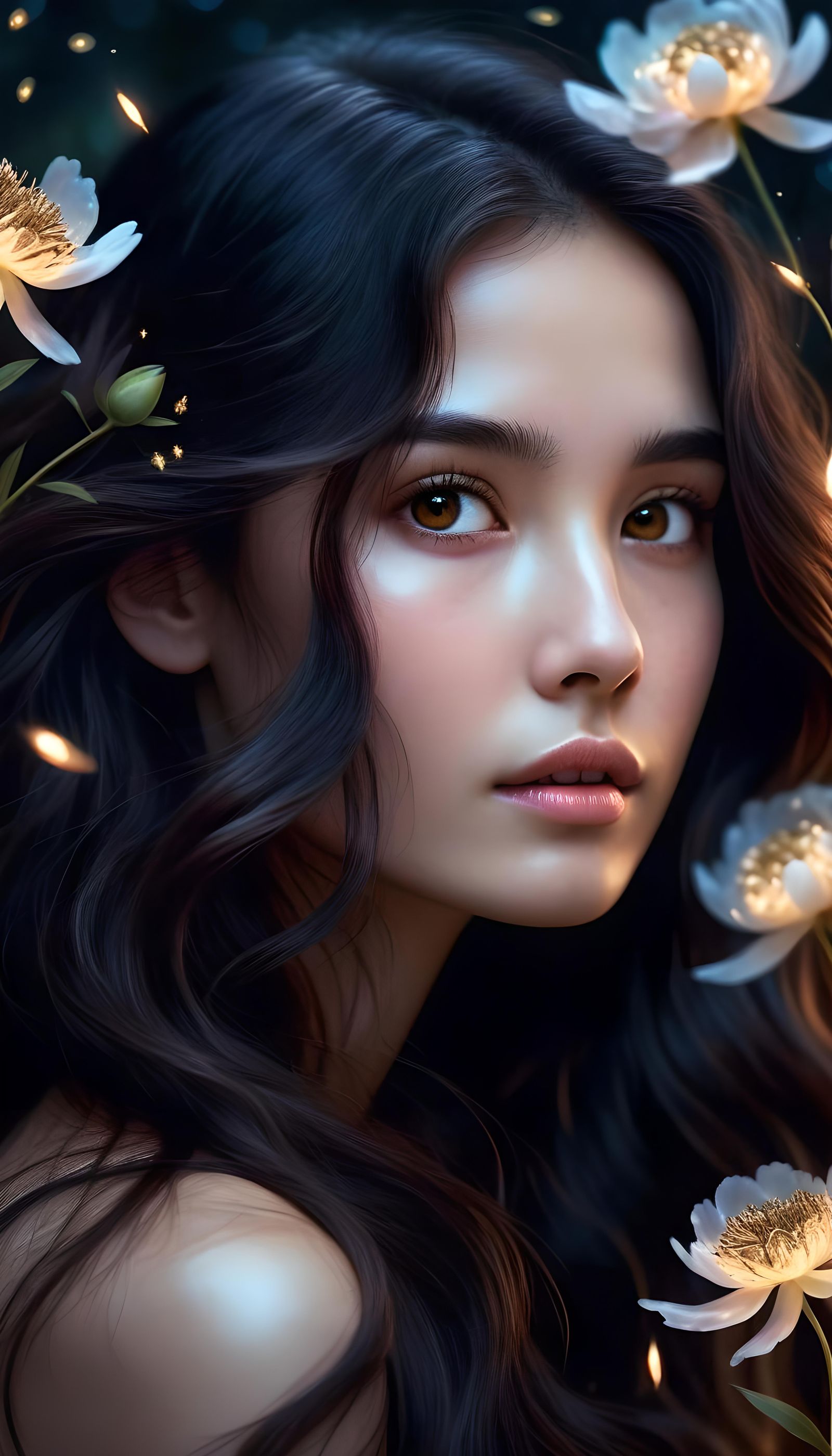 Magical Woman with Fireflies and Peonies