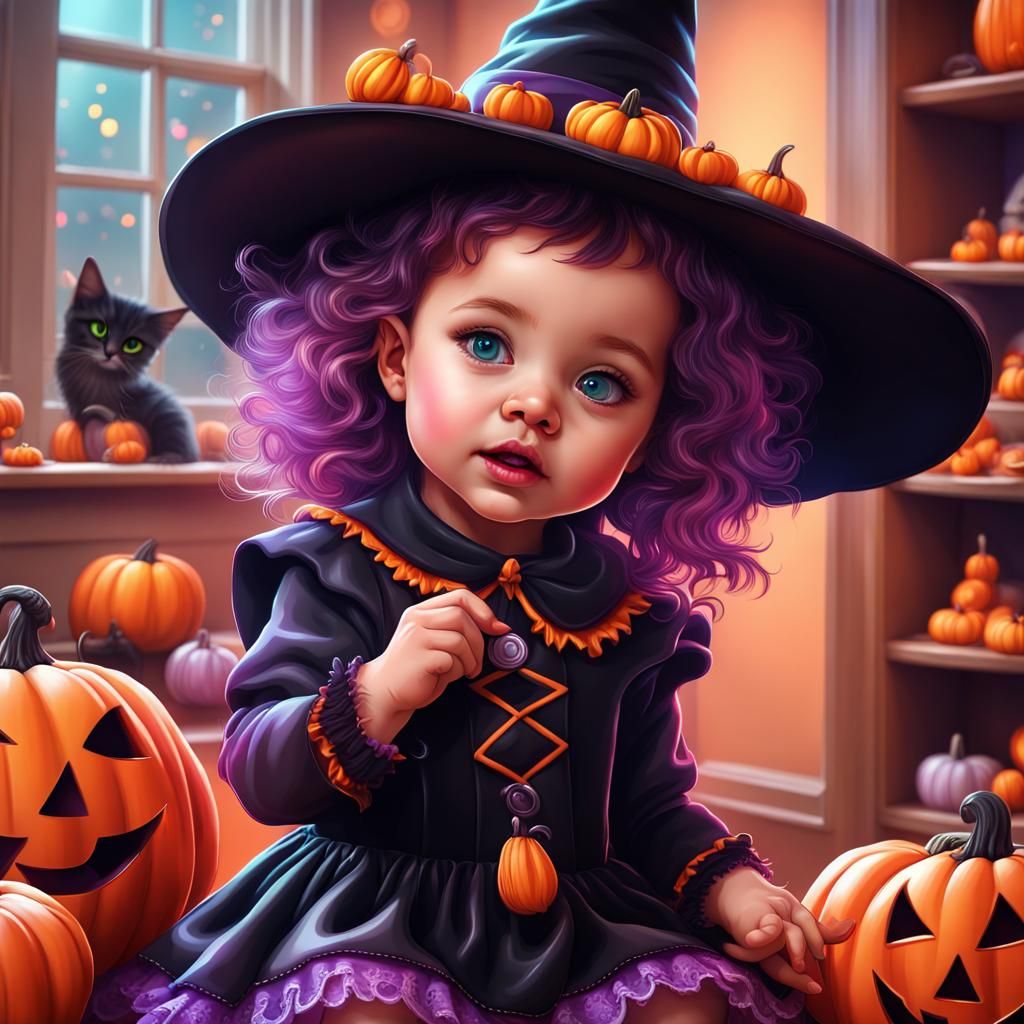 Baby Witch at Halloween Party in Candy Art Style
