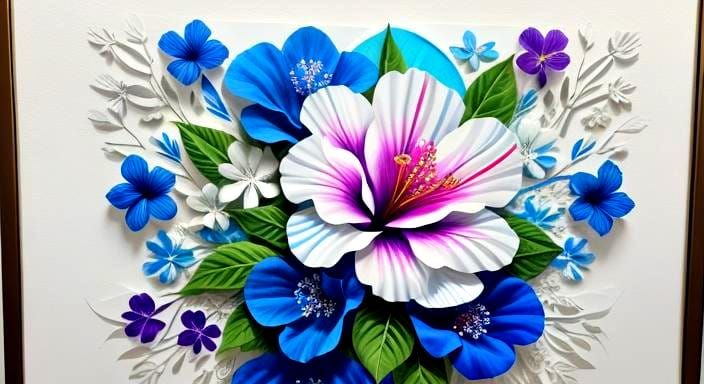 Dimensional Blue and White Hibiscus Shadowbox Triptych