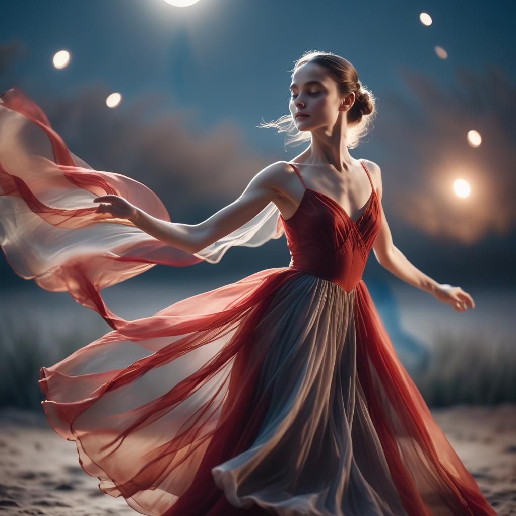 Ballerina in Red Dress Dancing Under the Moon