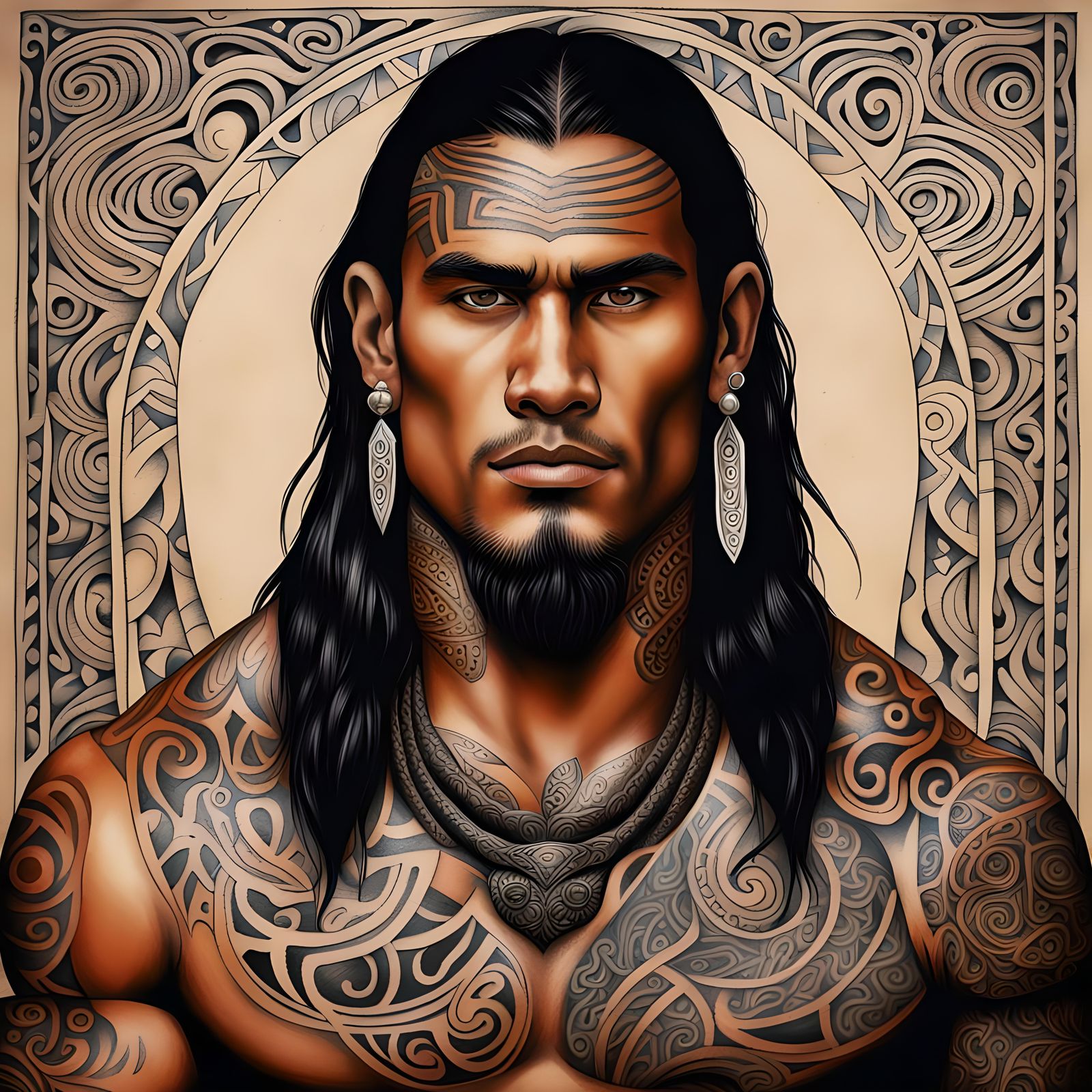 Handsome Maori Man Portrait with Face Tattoo Art