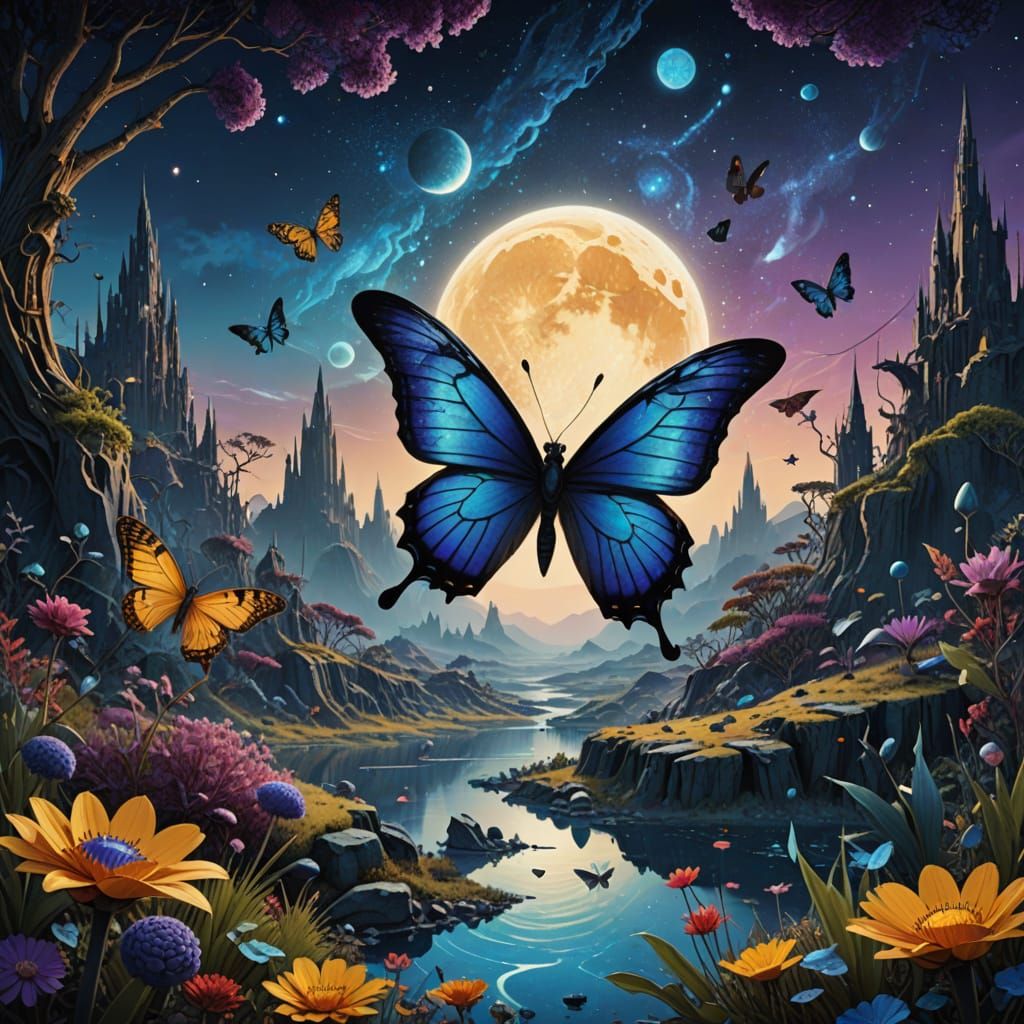 Celestial Butterfly in Cosmic Garden, Digital Art