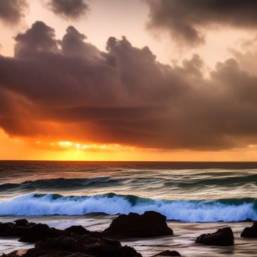 Dramatic Sunset Over Stormy Ocean Photo