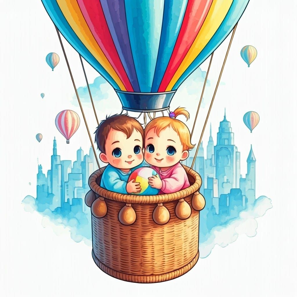 Babies in Hot Air Balloon, Japanese Anime Style