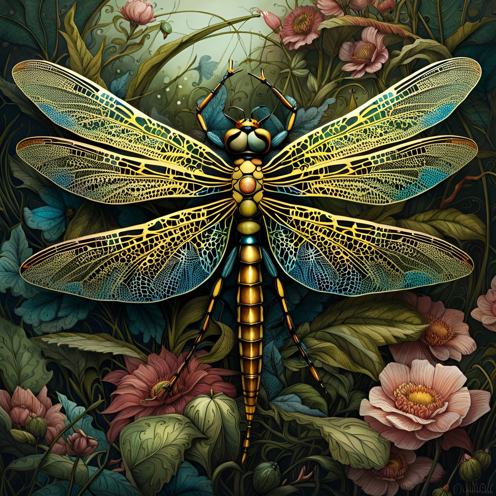 Detailed Dragonfly in Fairytale Countryside, Fantasycore Art