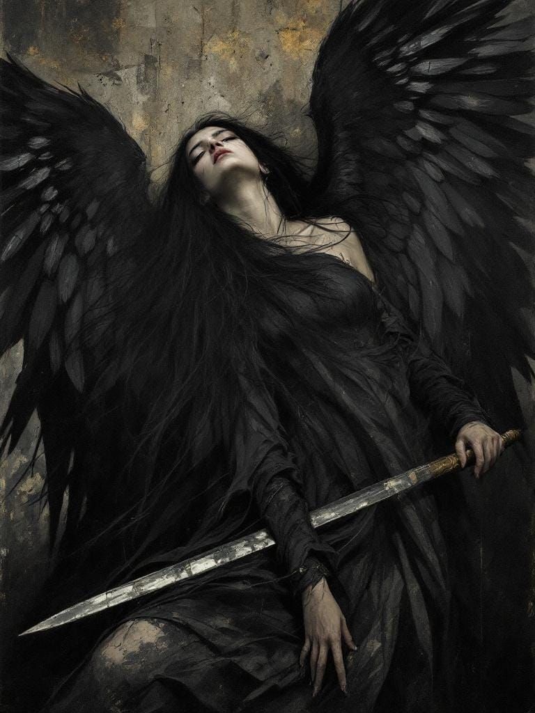 Raven-Winged Woman in Goya-Bruegel Style