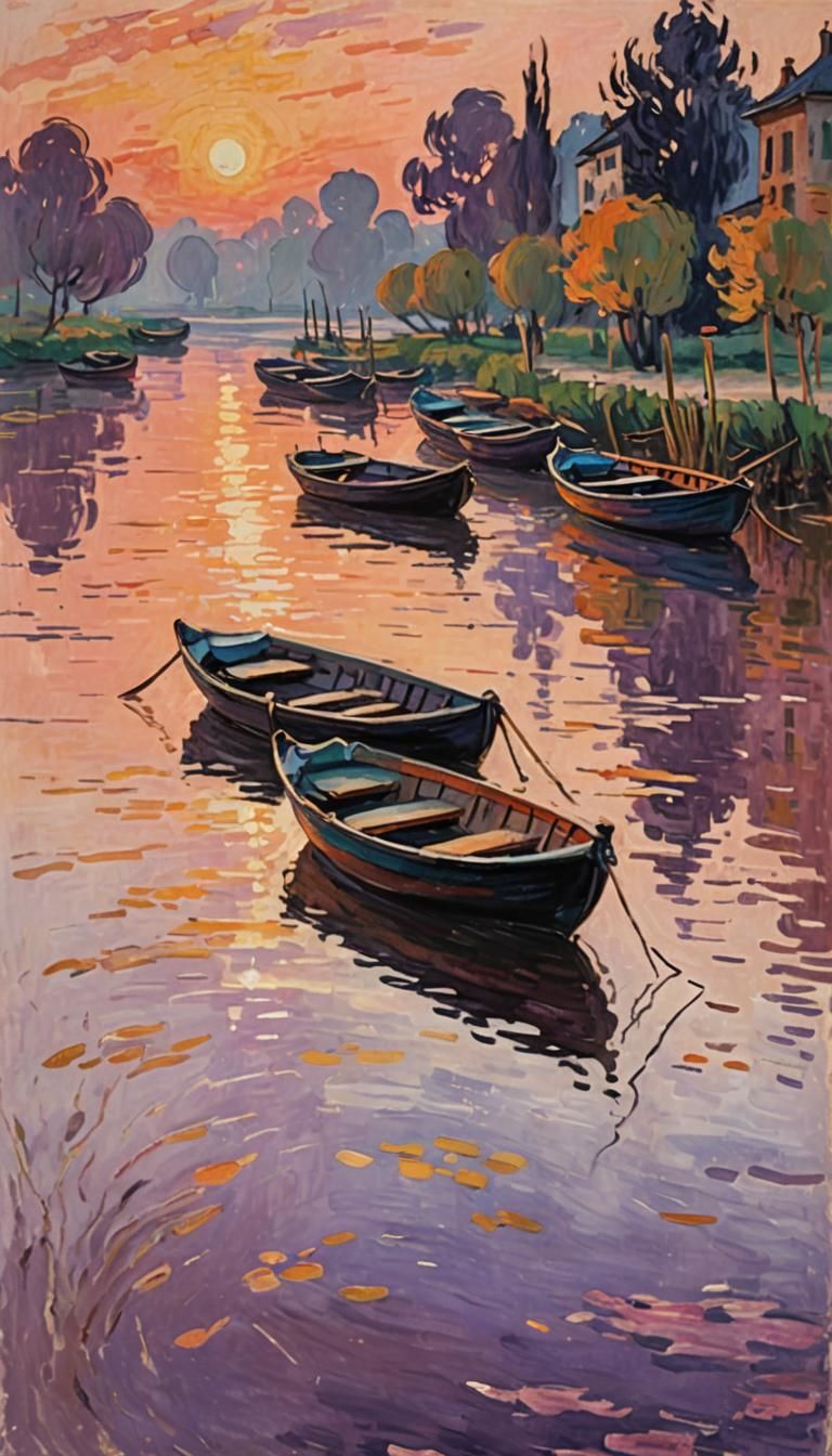 Impressionist River Scene at Sunset with Small Boats