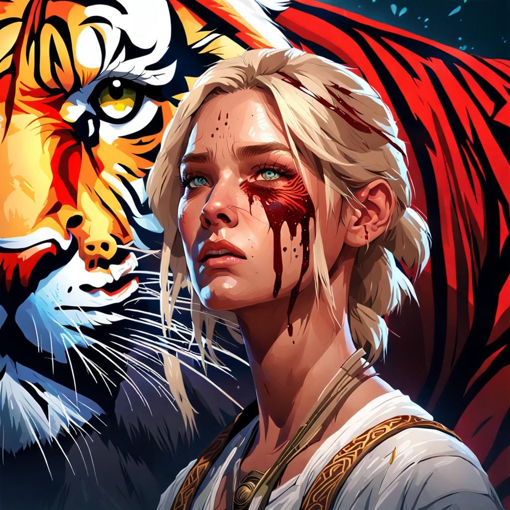 Blond Woman Fighting Tiger, Crying Blood Tears