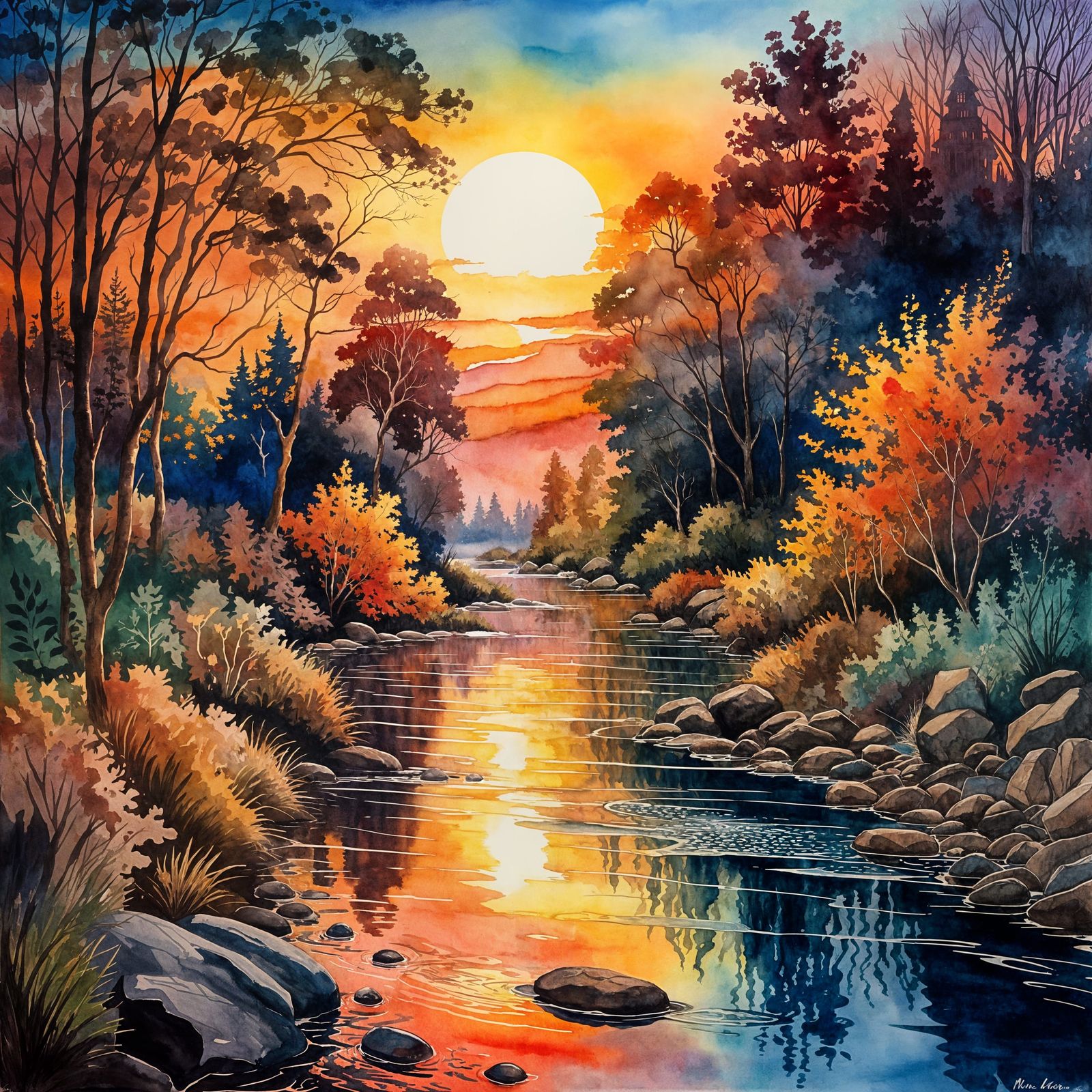 Sunset over river watercolor painting.