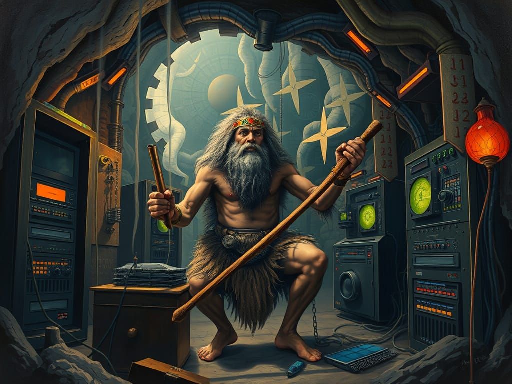 Caveman Internet Inventor in Surreal Oil Painting Style