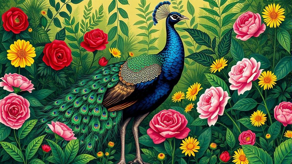 Surreal Peacock in Vibrant Garden