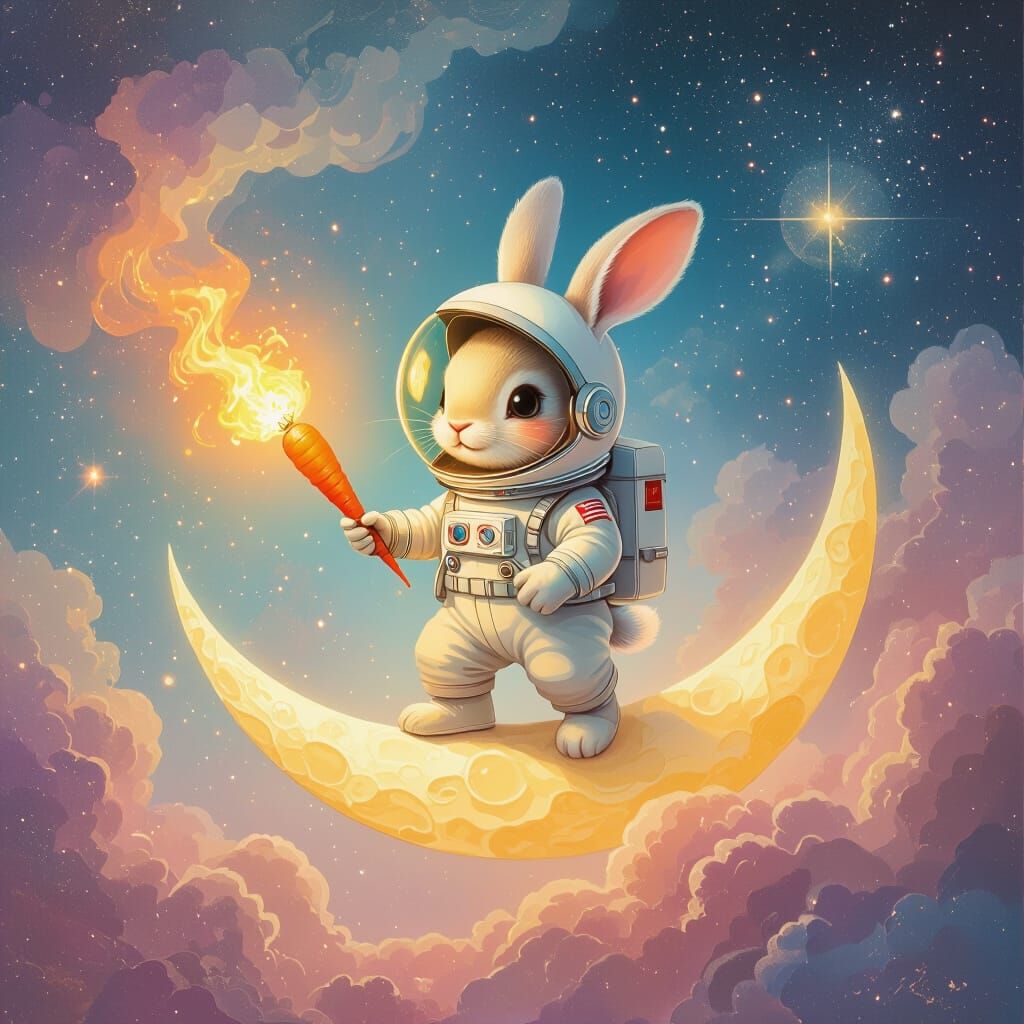Astronaut Rabbit on the Moon in Surreal Style
