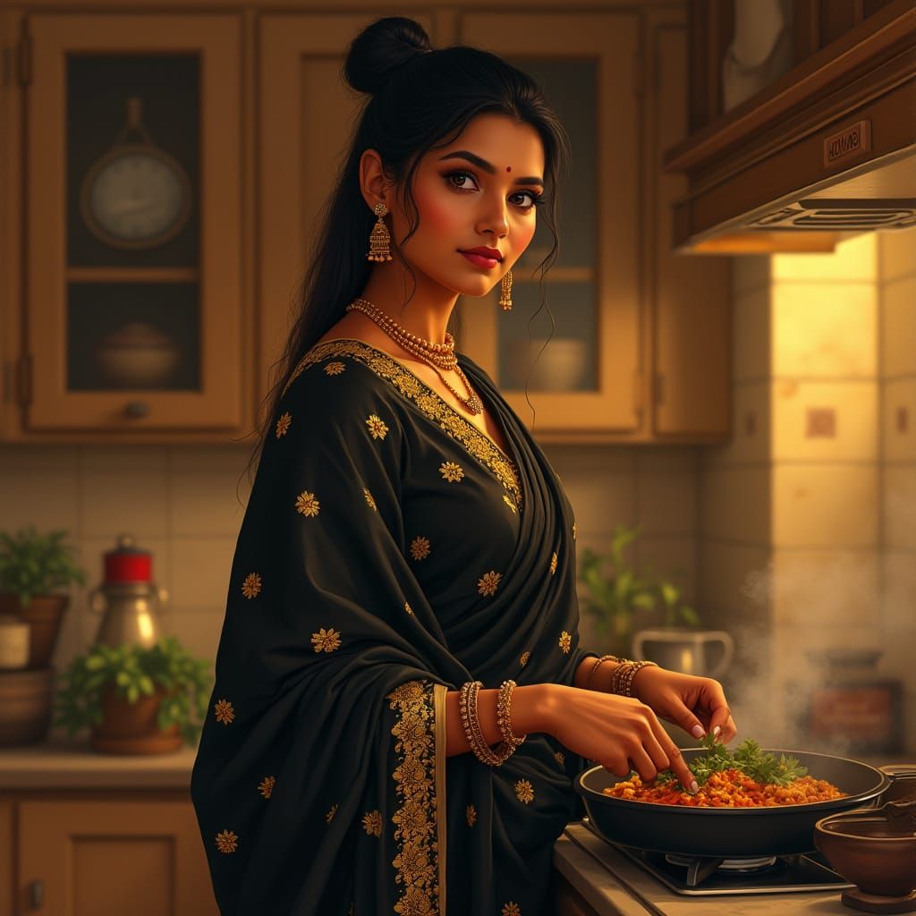 Confident Indian Woman Cooking Dinner in Traditional Black S...