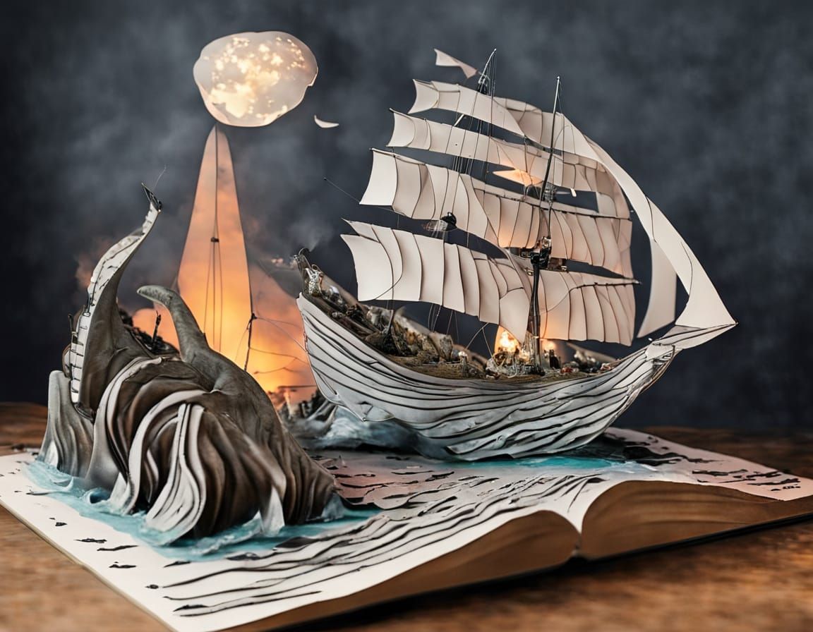 Giant Paper Sea Monster in Stormy Popup Book Scene