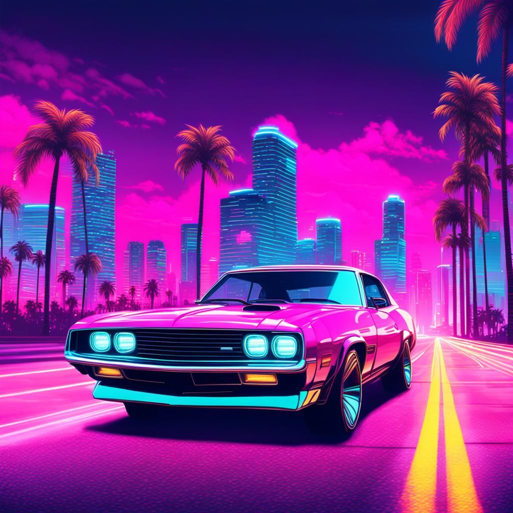 Synthwave Muscle Car Cityscape at Night