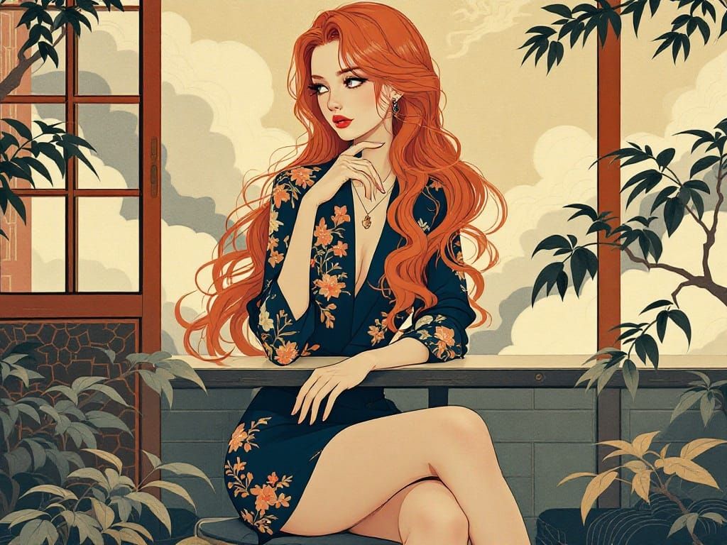 Elegant Red Haired Woman in Ukiyo-e Style