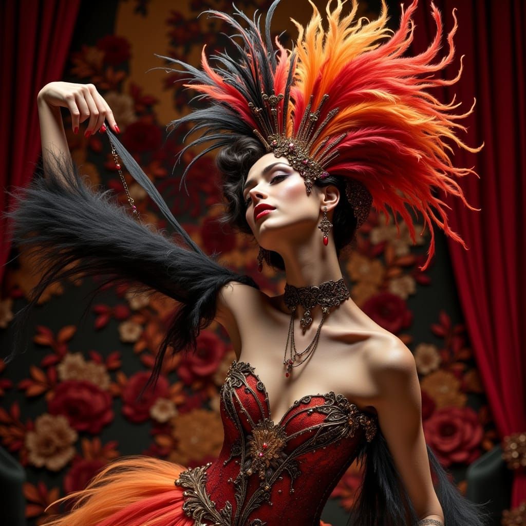 Cabaret Dancer in Feathered Headdress, Art Nouveau Style