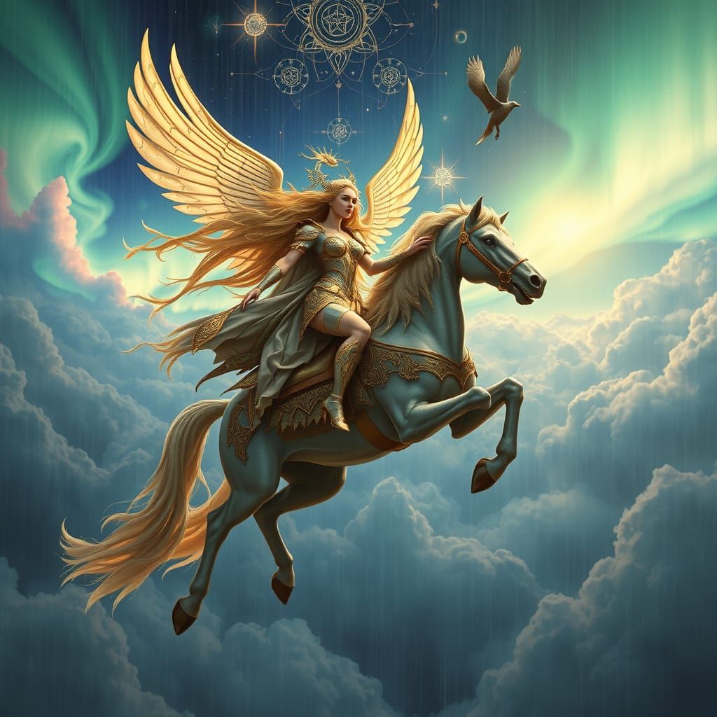 Valkyrie on Pegasus Soaring Through Aurora Skies