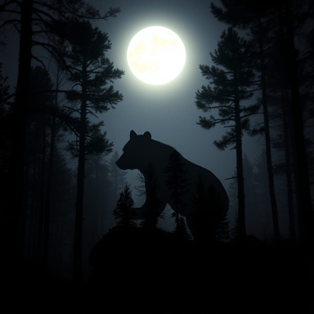Moonlit Bear Silhouette in a Majestic Forest