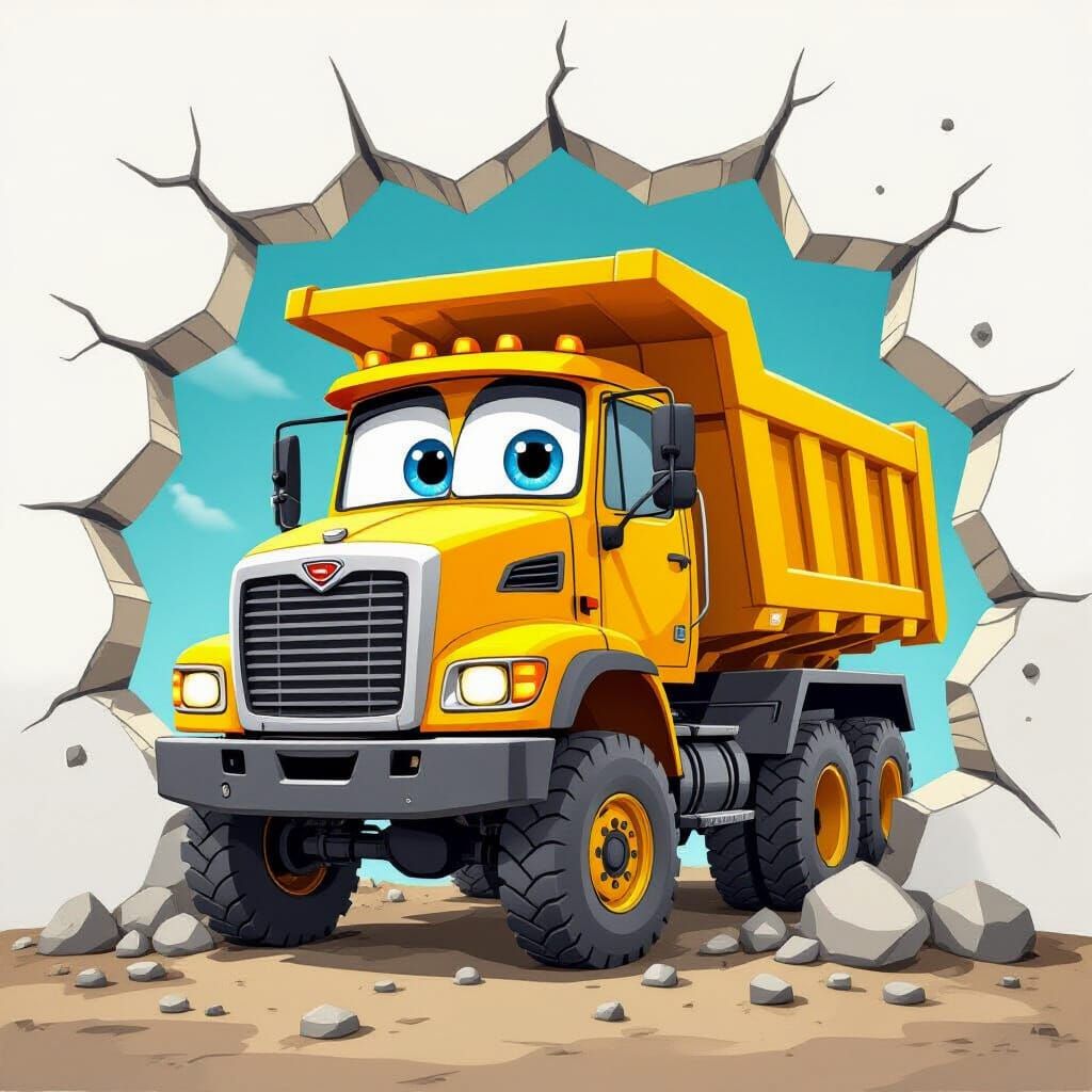 Cute Yellow Dump Truck Emerging from Wall Crack
