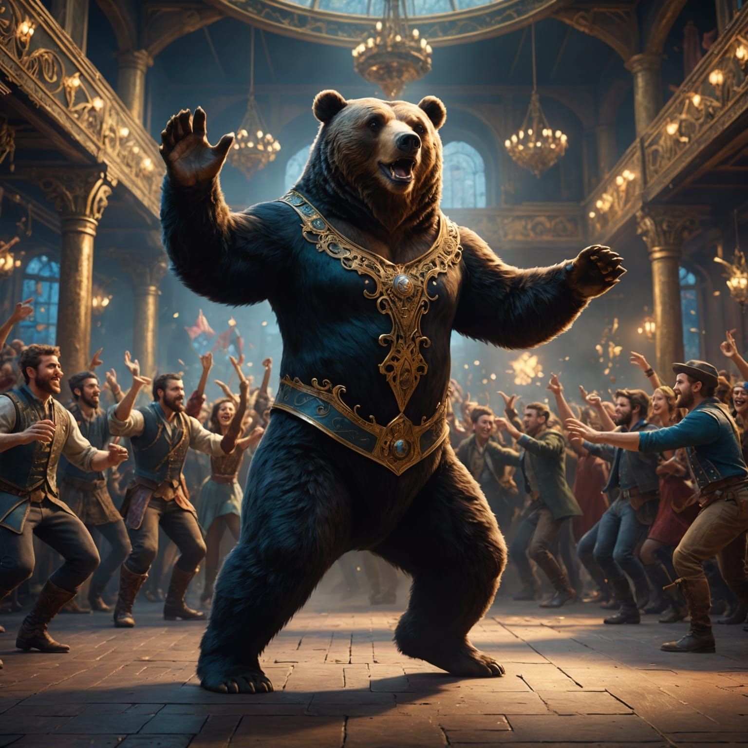 Tapdancing Bear on Stage in Detailed Matte Painting