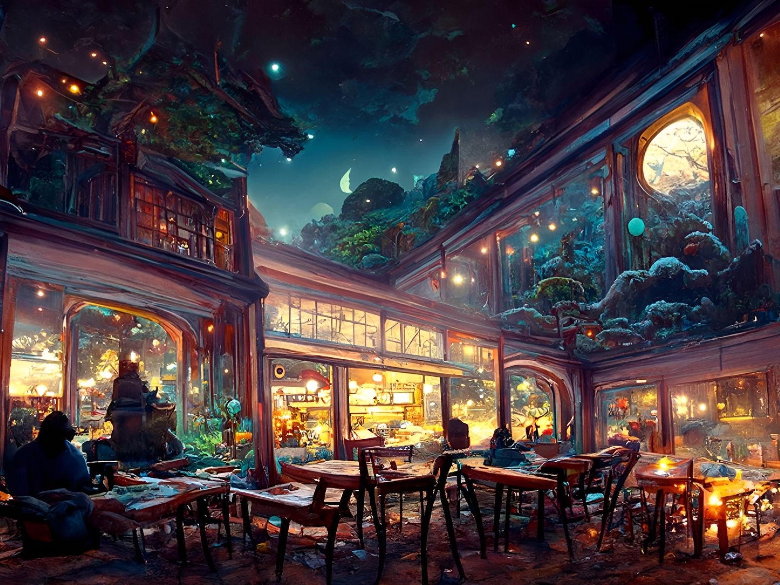 Serene Night Cafe: Hyperdetailed Photorealistic Concept Art