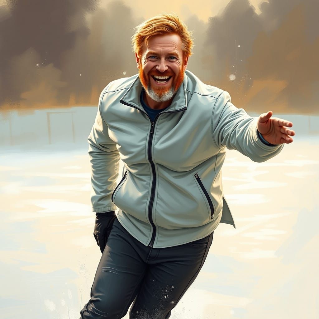 Rugged Red-Haired Man Ice Skating with Joy