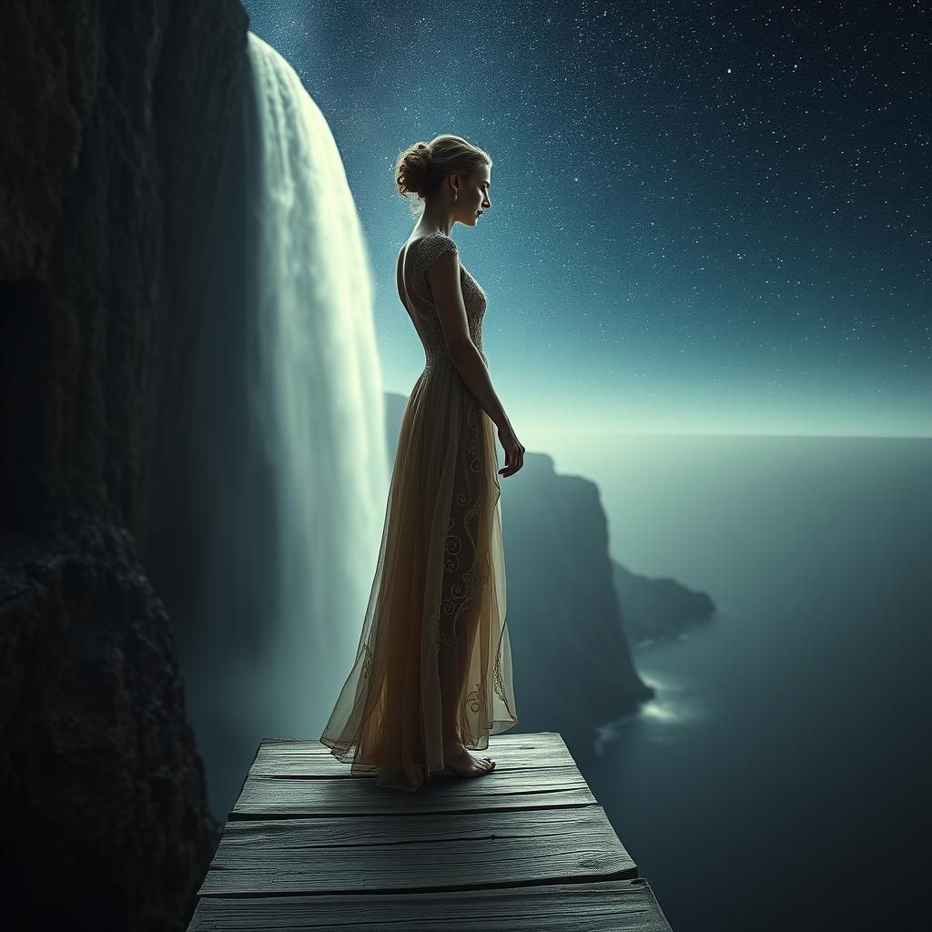 Ethereal Woman at World's Edge in Dreamlike Landscape
