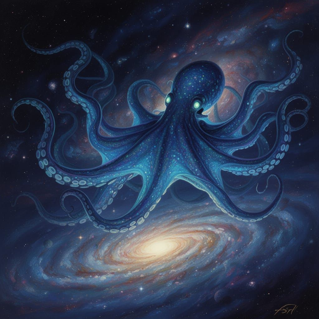Bioluminescent Space Octopus Observing Swirling Galaxies
