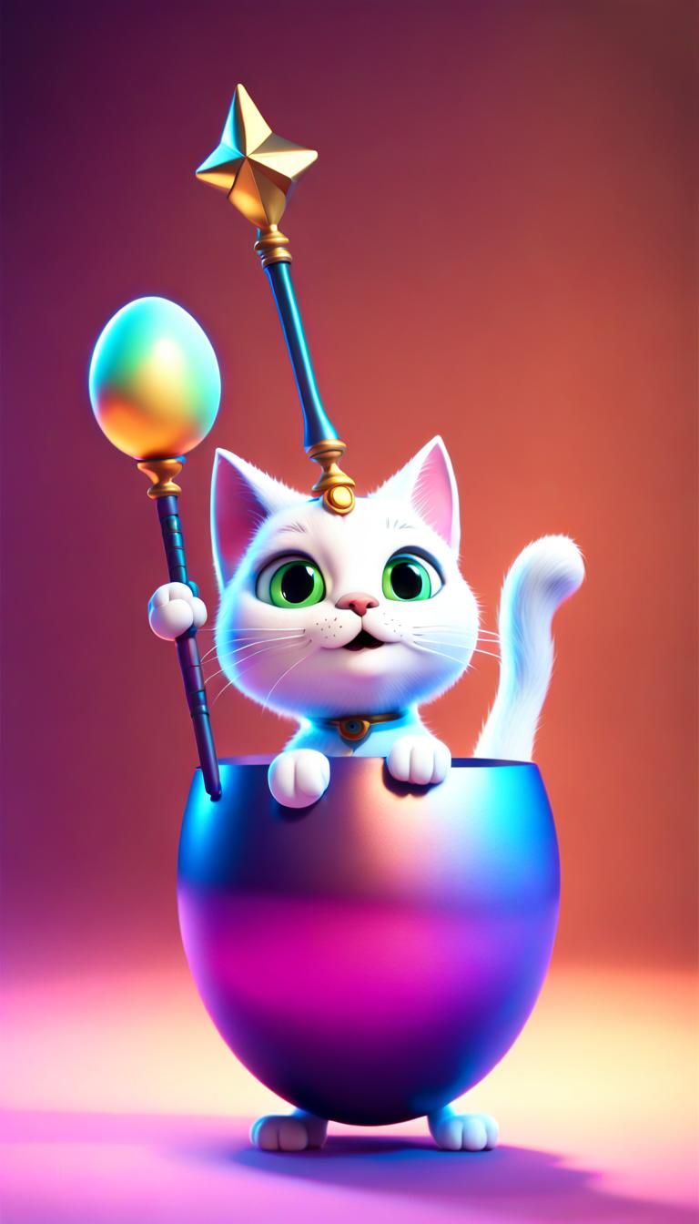 Cat with Magic Wand Inside Egg: Pixar Style