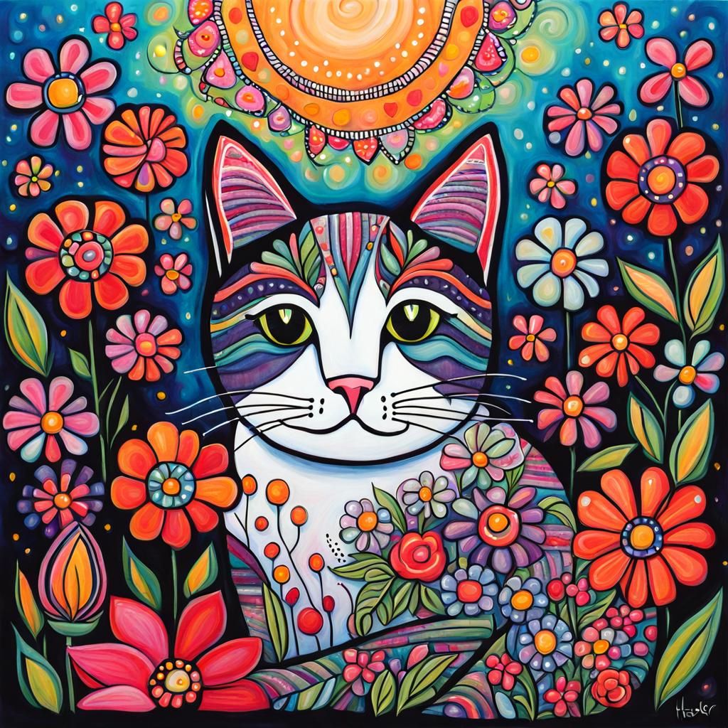 Folk Art Cat on Pillow Surrounded by Flowers