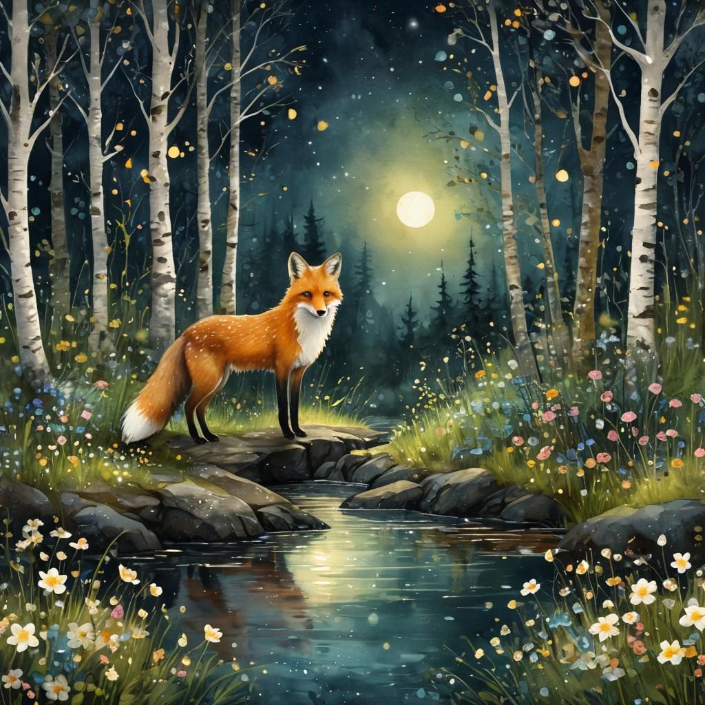 Enchanted Forest Fox in Digital Watercolor Style