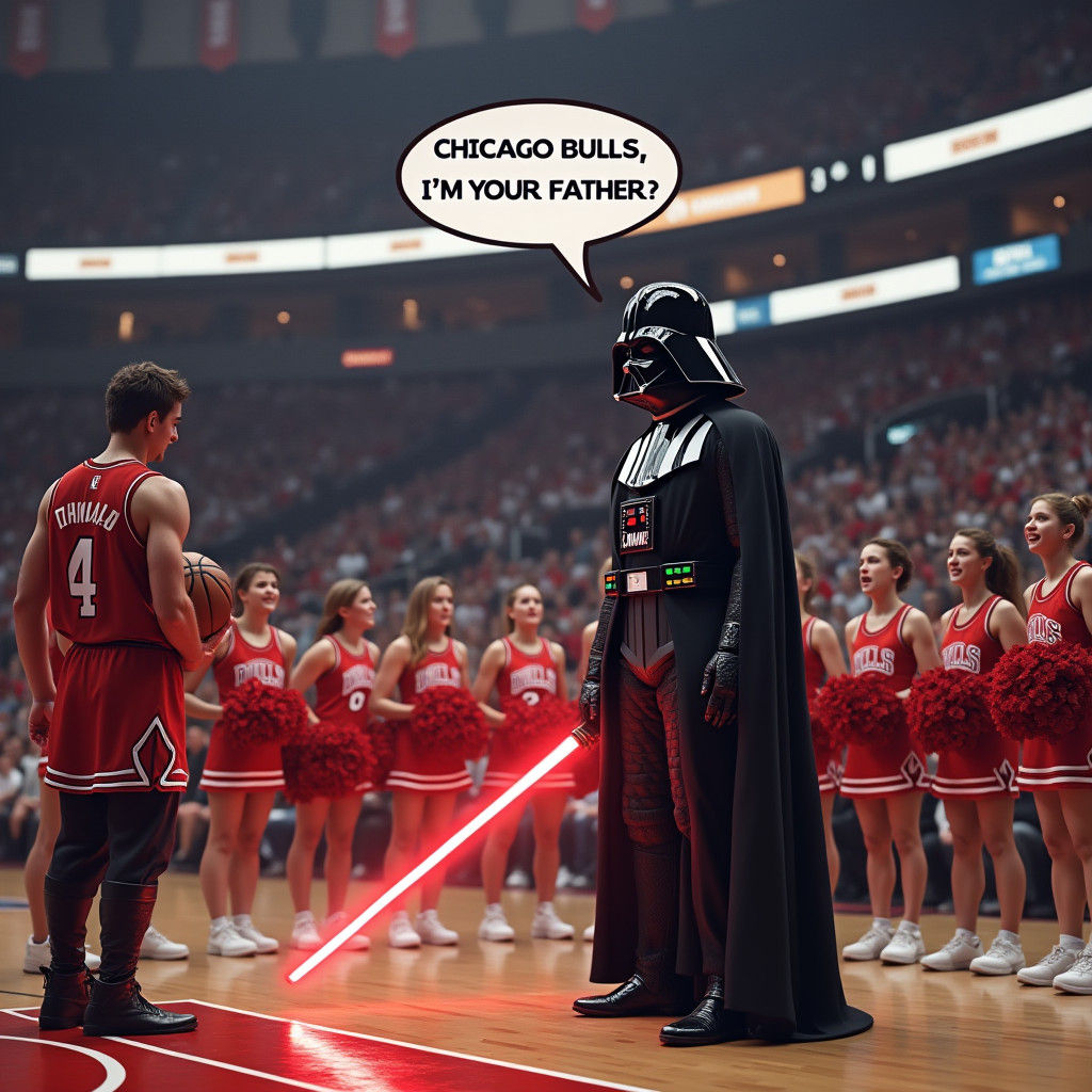 Darth Vader at Chicago Bulls Game in Photorealistic Style
