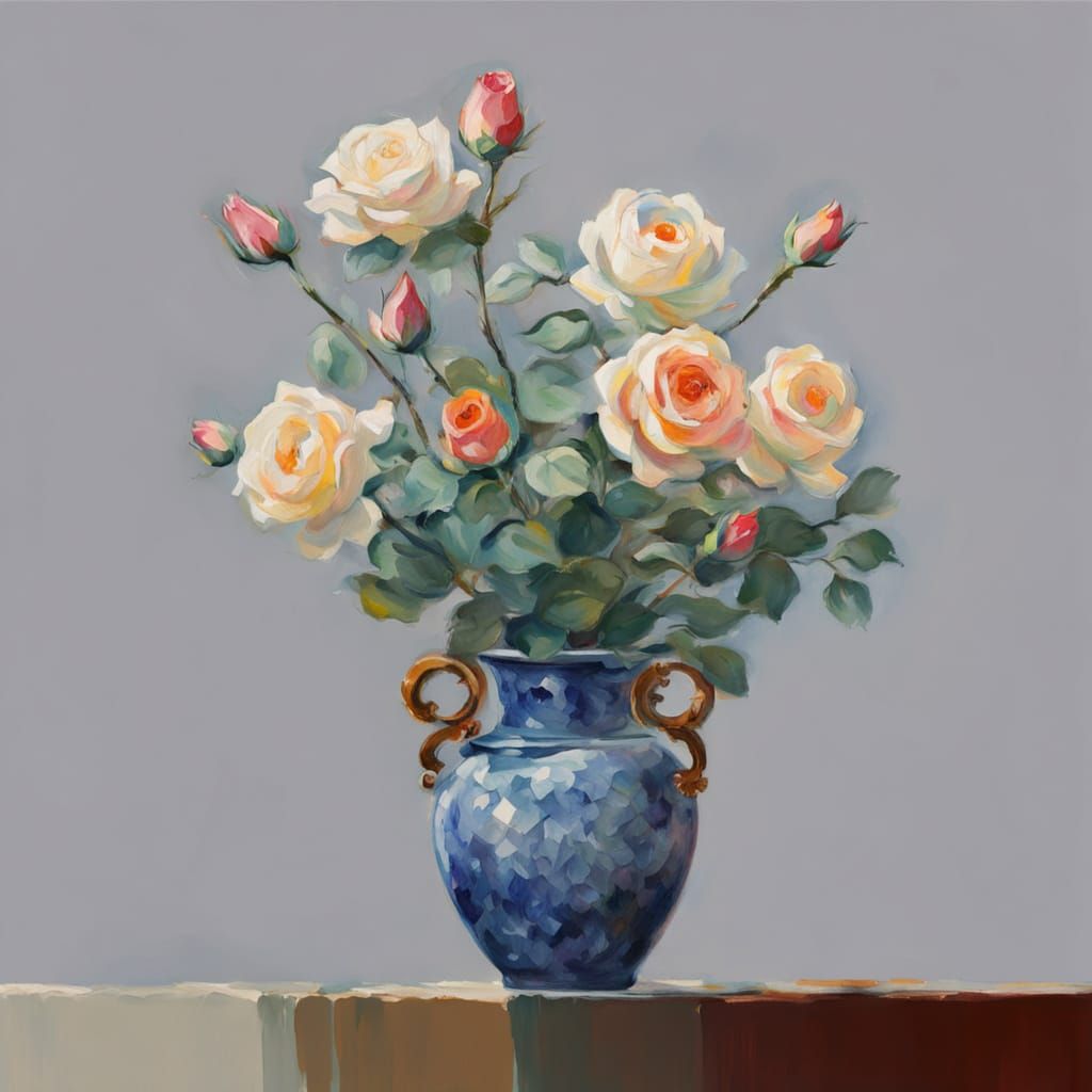 Impressionist Ikebana With Roses In Ceramic Vase