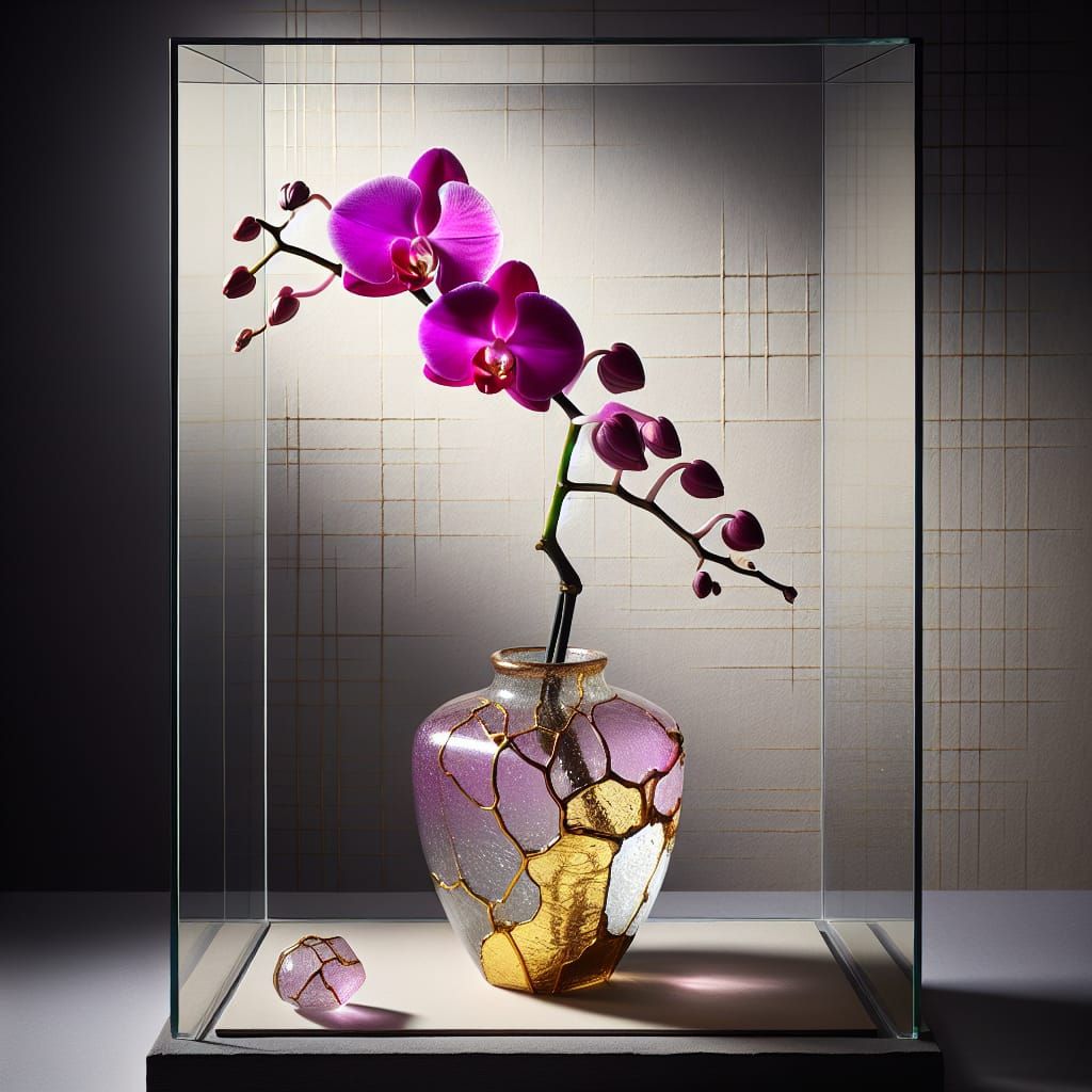 Magenta Orchid in Iridescent Kintsugi Vase