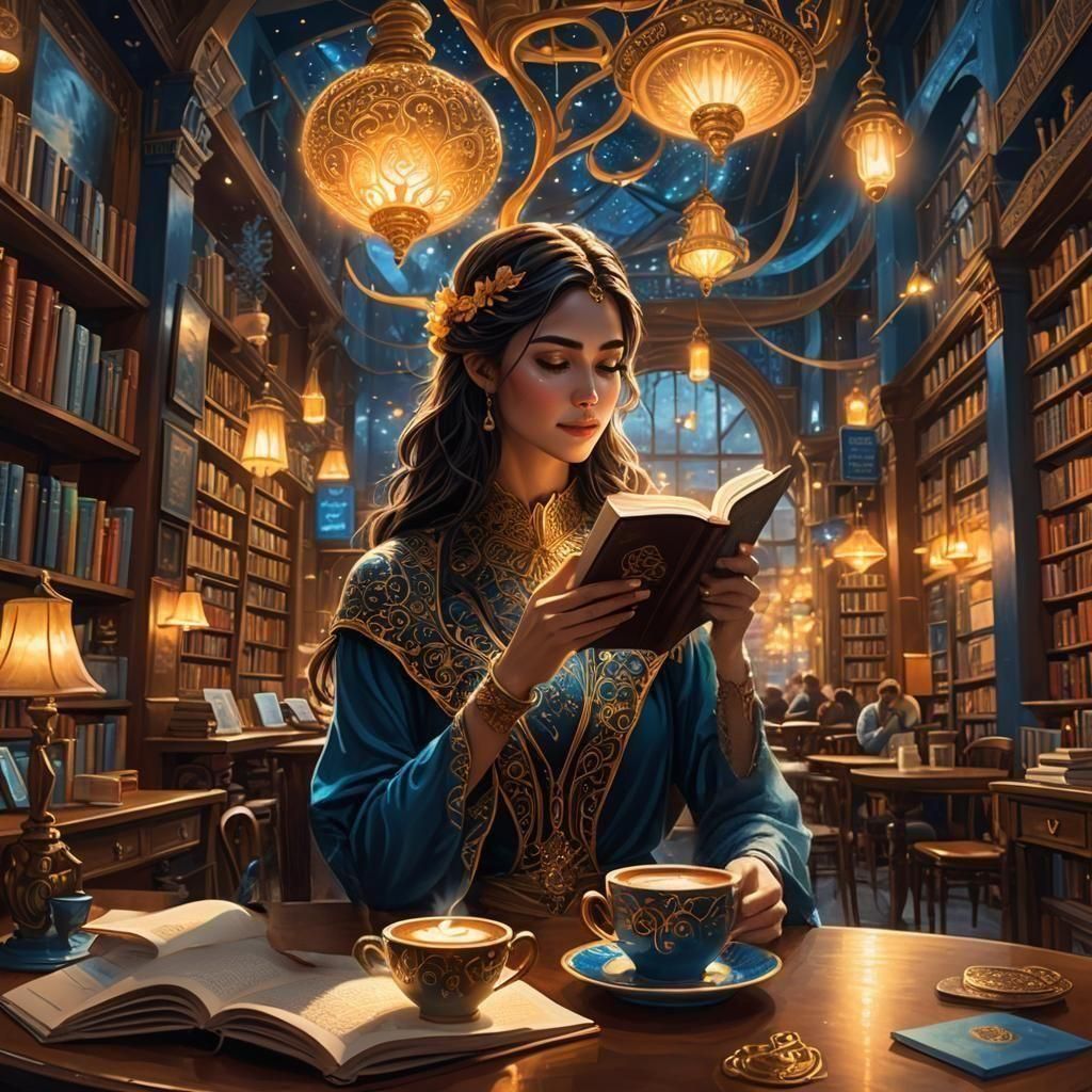 Ethereal Girl Reading in Bookstore Cafe: Fantasy Art