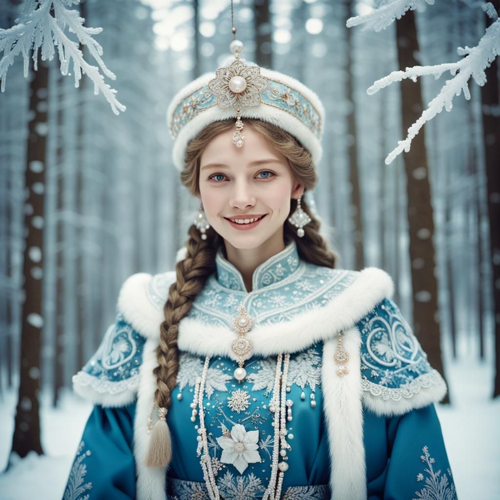 Vibrant Russian Snow Maiden in Frosty Forest
