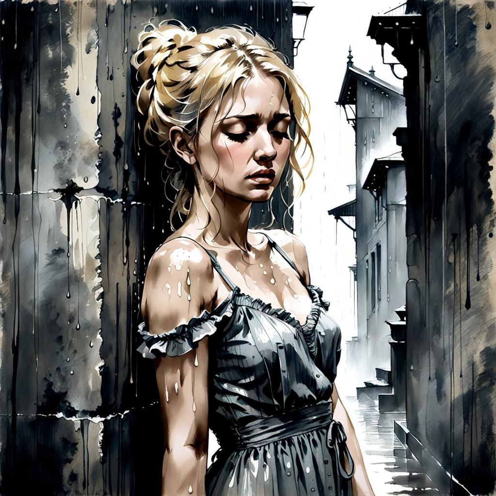 Illustration in olpntng style, charcoal sketch and ink wash of a female leaning against a wall in the rain, waiting...