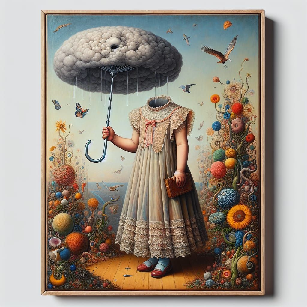 Surrealist Girl with Umbrella in a Whimsical Landscape