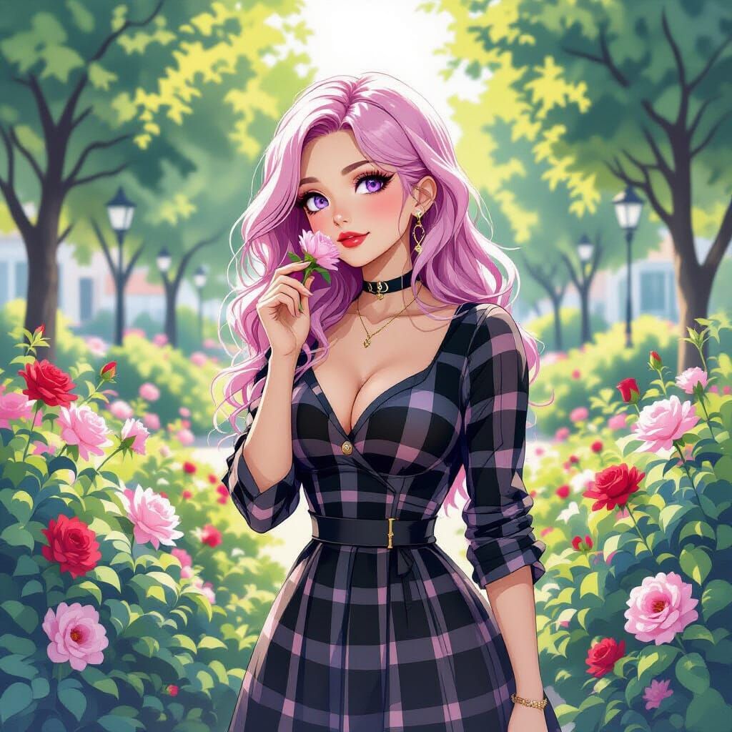 Woman Sniffing Flowers in Garden, Watercolor Style