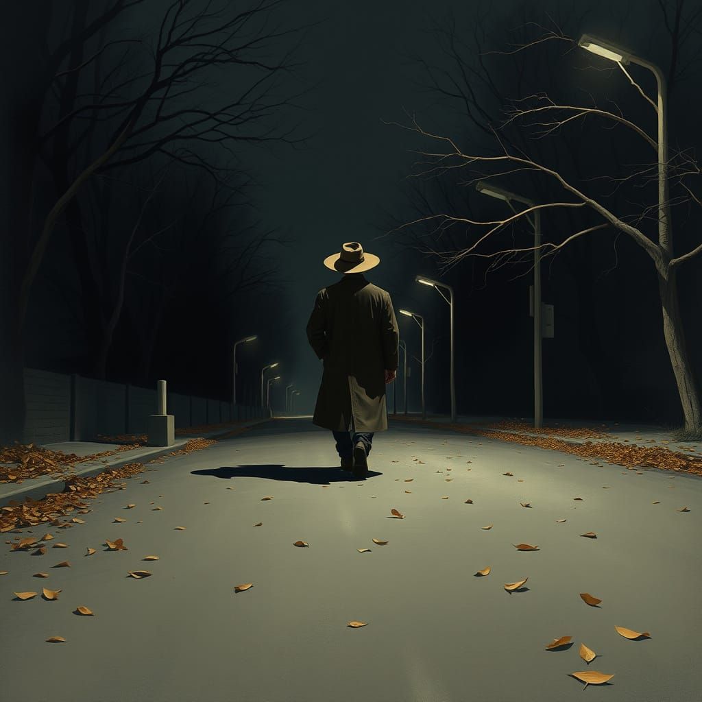 Mysterious Stranger Walks Down a Desolate Road in a Moody Ni...