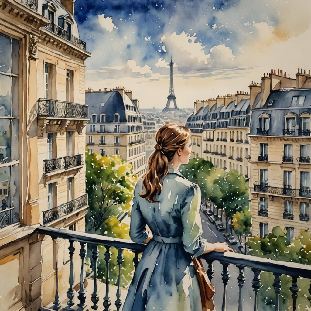 Woman with Bonnet Overlooks Paris in Watercolor