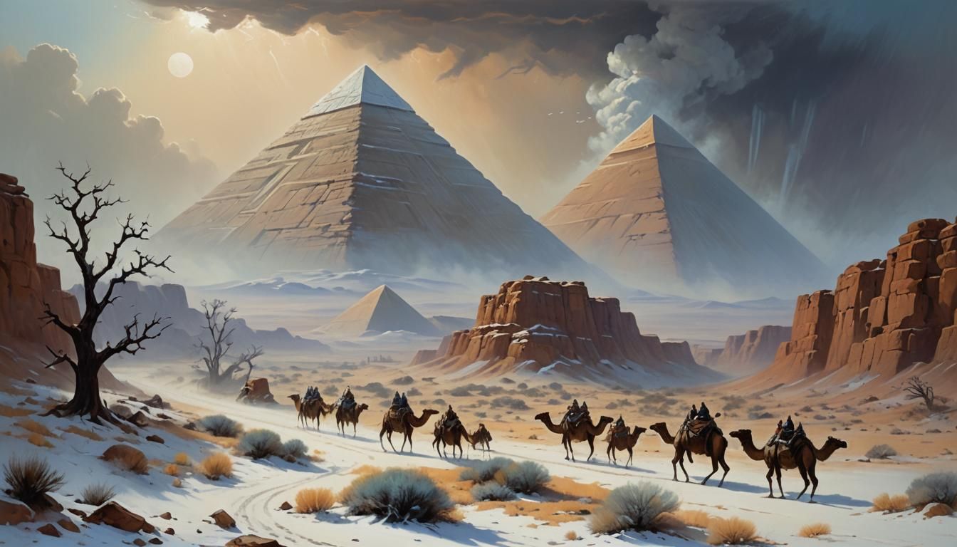 UFO over Snowy Desert in Frazetta Style