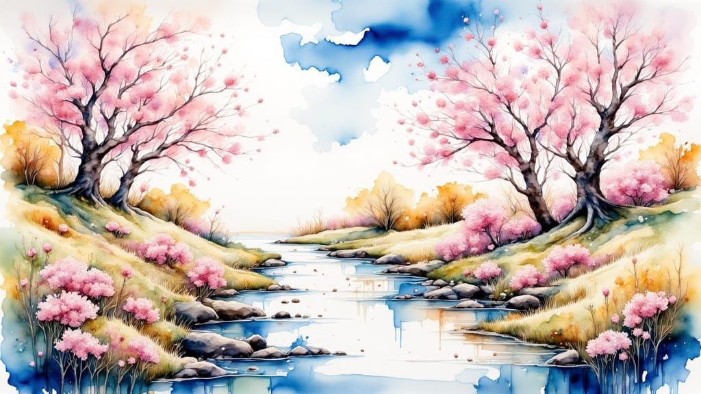 Spring Landscape with Cherry Blossoms in Watercolor